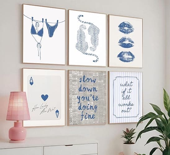 6Pcs Blue Coast Wall Art Blue and White Trend Poster Print Fashion Coast Granddaughter Painting Picture Preppy Wall Decor for Bedroom Dormitory 8x10in Unframed thumbnail 5