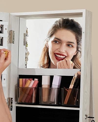 SONGMICS 360° Swivel Jewelry Cabinet, Lockable Jewelry Organizer with Full-Length Mirror, Rear Storage Shelves, Interior Mirror, Jewelry Armoire, Christmas Gifts, White with Gray Wood Grain UJJC006W01 thumbnail 6