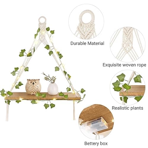 Mkono Artificial Ivy Macrame Hanging Shelves with Lights Set of 2 Boho Wall Decor Display Plants Photos Wood Floating Storage Shelf for Bedroom Bathroom Living Room Nursery Dorm Kitchen, White thumbnail 7