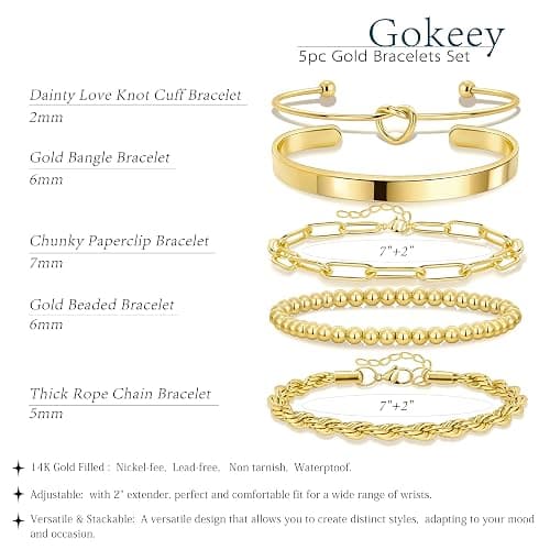 Gokeey Gold Bracelets for Women Non Tarnish, 14K Gold Plated Chunky Cuff Bracelet Gold Bangles Bracelet for Women Trendy Tie Knot Cuban Rope Paperclip Beaded Bracelet Stack Jewelry Gifts thumbnail 5