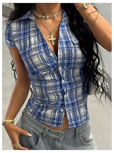 Milumia Women's Y2k Plaid Collar V Neck Button Down Shirt Short Sleeve Fitted Tops thumbnail 5