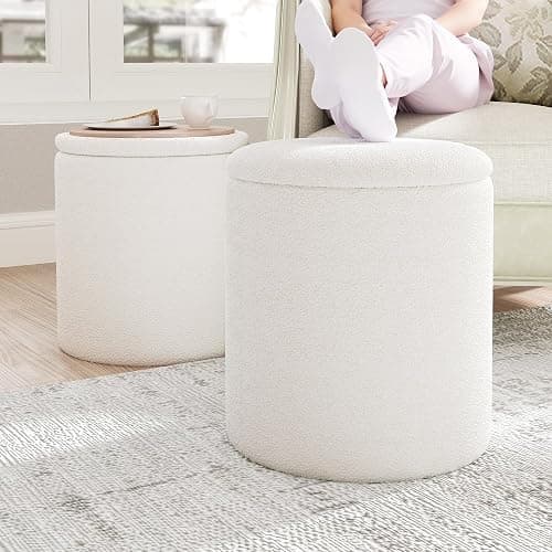 Ottoman Poufs with Storage,Soft Upholstered Vanity Stool,Multifunctional Ottomans Coffee Table Padded Seat Foot Rest for Living (White M) thumbnail 7