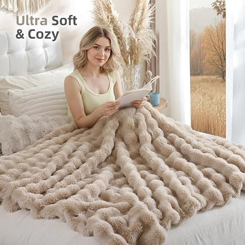 Smoofy Faux Fur Throw Blanket for Couch – Linen Fluffy Cozy Rabbit Fleece, Plush Soft Bubble Blanket for Sofa & Bed, for Mom, Warm Fuzzy Home Room Decor Throw 60" x 80" thumbnail 4