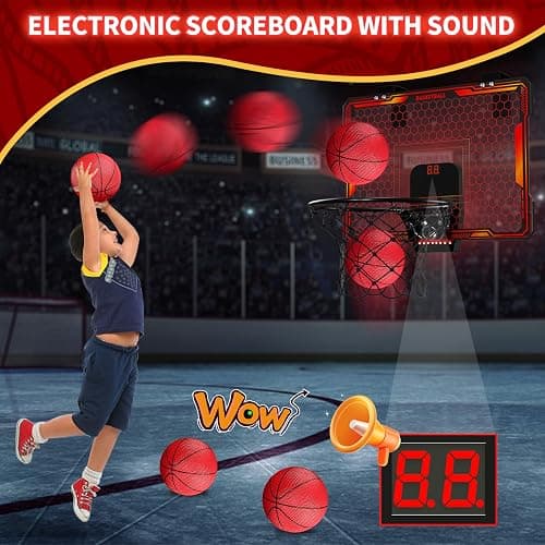 HYES Basketball Hoop for Kids, Mini Basketball Hoop Indoor with 7 LED Lighting, 3 Modes, Scoreboard, 3 Balls, Door Basketball Toys for Kids - Red - Red thumbnail 5