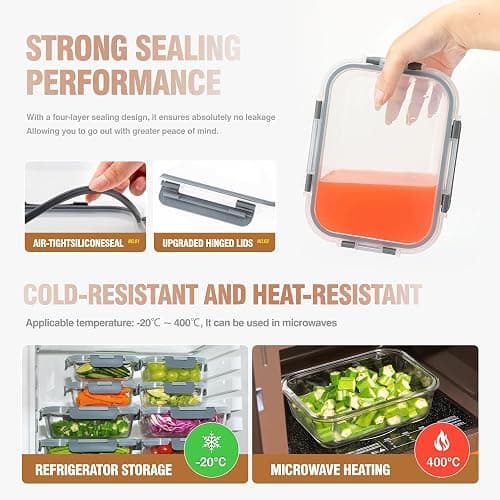 WWYH.DSS 10-Pack Meal Prep Containers with Snap Locking Lids, Glass Airtight Lunch, Food Storage Containers, Microwave, Oven, Freezer and Dishwasher Friendly, Gray thumbnail 4