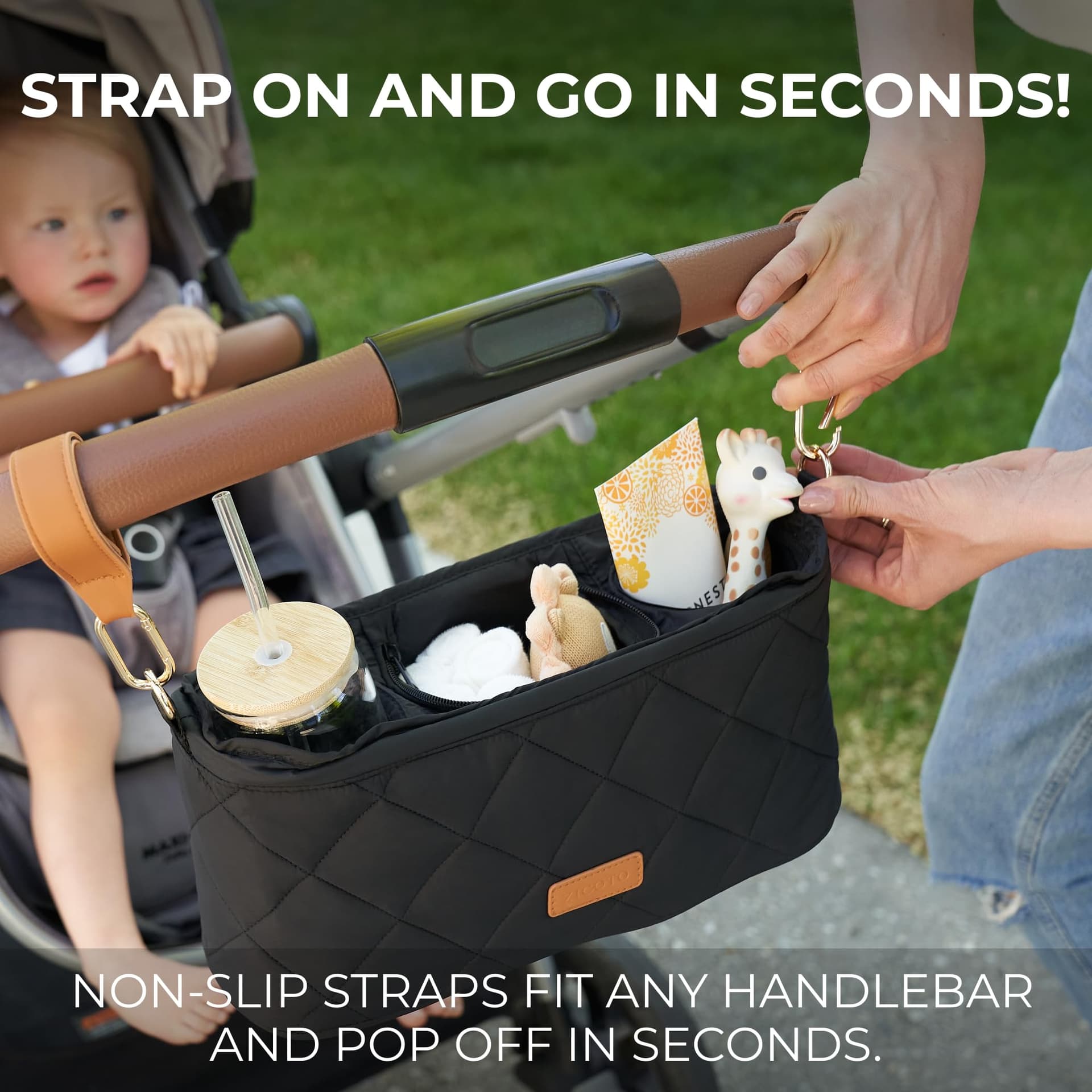 ZICOTO Beautiful Stroller Organizer Bag - Easy to Install Stroller Caddy incl. Cup Holder Attachment - Perfectly Sized Accessories For Any Stroller thumbnail 3