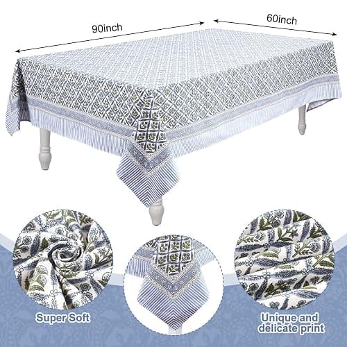 Newtay 60'' x 90'' Hand Block Print Mahjong Table Cloth Square Cotton Floral Tablecloth Washable Print Rectangle Table Cover with Dust Proof for Kitchen Dining Party(60'' X 90'',Light Steel,Blue) thumbnail 3