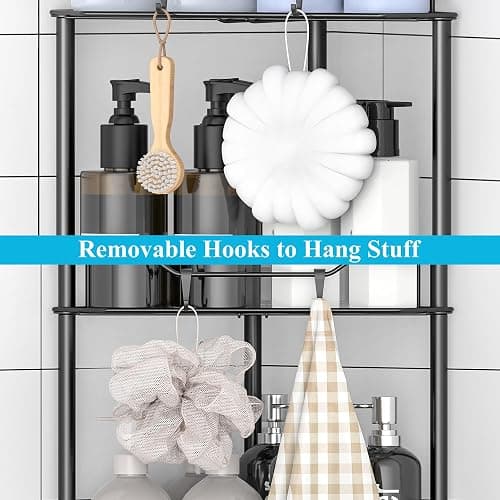 HuggieGems 4 Tier Floor Standing Corner Shower Caddy Organizer Shelf with Hooks, Bathroom Shelves Stand Rack, Black thumbnail 6