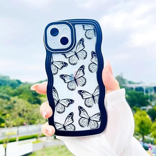 UICEAM Compatible with iPhone 13 Mini Case Clear with Butterfly Design for Women Girls,Aesthetic Cute Girly Wavy Soft Shockproof Cell Phone Cover for iPhone 13mini (Butterfly/Black) - iPhone 13 Mini - Butterfly/Black thumbnail 2