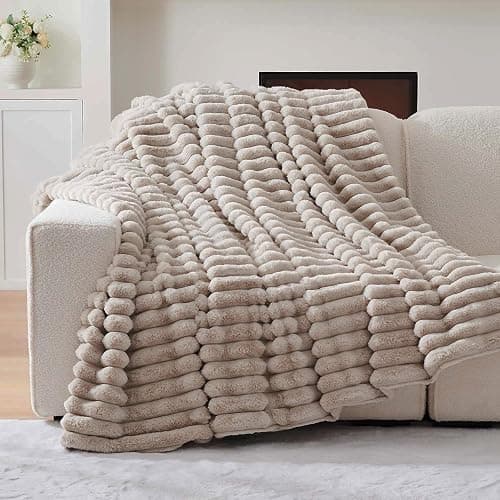 Lotus Karen Faux Fur Throw Blanket - Stripe Faux Rabbit Fur Blanket for Couch, Cozy Soft Fluffy Fuzzy Blanket, Warm Thick Furry Plush Shaggy Small Blankets for Women, Linen,50x60 Inches thumbnail 3