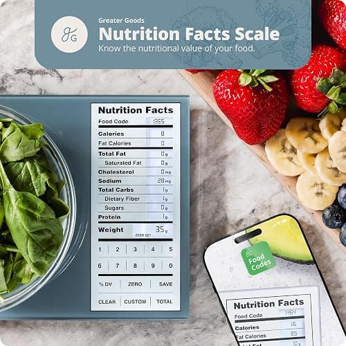 Greater Goods Digital Nutrition Scale – Accurate Macro and Calorie Tracking for Meal Prep, Weight Loss, and Healthy Eating | 2,000 Built-in Foods, Intuitive Nutrition Label Display, 11lb Cap, Blue thumbnail 9