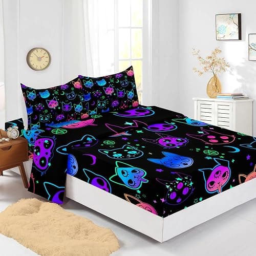 Axolotl Neon Cats Twin Cute Gradient Cat Bed Sheets, Flat & Fitted Sheet 2 Pillow Cases, Black thumbnail 3