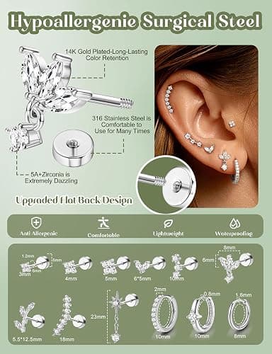 ORAZIO 16 Gauge Cartilage Earrings for Women Flat Back Hypoallergenic Surgical Steel Small Flatback Stud Hoop Cartilage Earring Stack Set Daith Conch Tragus Helix Piercing Jewelry Single PC thumbnail 5