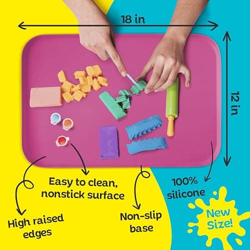 Just Messin' Silicone Art Mat for Crafts, Legos, Slime, Resin, Paint & Jewelry-Making, Table Protection with Raised Sides to Contain Mess, Non-slip Heat Resistant, 12”x18” Mat with high .6" Edge, Pink thumbnail 2