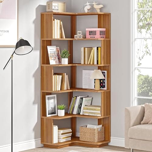 LITTLE TREE 6-Shelf Corner Bookshelf, 65” Tall L Shaped Bookcase, 6-Tier Industrial Corner Shelf Storage Display Rack for Living Room Home Office, Wood Grain Walnut thumbnail 2