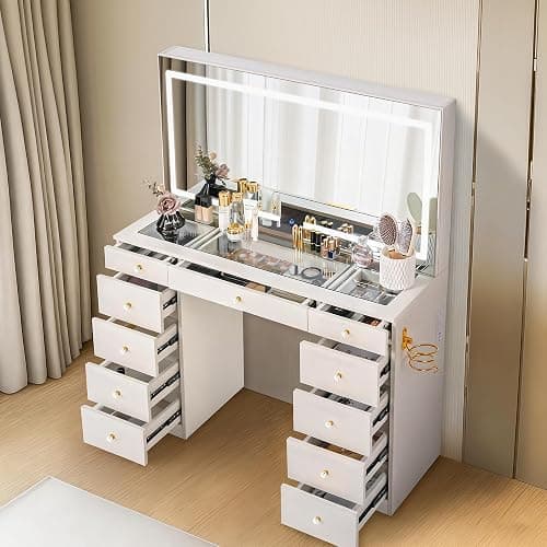 Pamapic Glass Top Vanity Desk with Crystal Handles and 11 Drawers, Makeup Vanity with Mirror and Lights, 3 Lighting Modes Dressing Table, Power Outlet, Silent Slides, White thumbnail 8