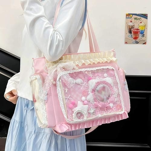 ita crossbody tote bag, pin display with Insert large messenger bag, cute tote bag with zipper ruffle, japanese aesthetic y2k thumbnail 9