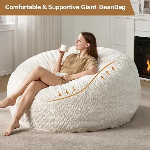 Hobestluk Bean Bag Chair Large Washable Soft Living Room Adult 5Ft White | No Assembly Required Memory Foam Filling Machine Washable Cover Bedroom Dorm Reading Gaming Fluffy Plush Faux Fur Fabric thumbnail 7
