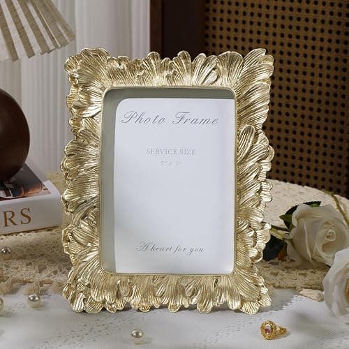 Cuspin 5x7 Picture Frame Gold Frames, Vintage Ornate Palm Leaves Textured Hand-Crafted Resin Frame with Glass Front, Elegant Retro Photo Frame for Wall and Tabletop Display Home Decor thumbnail 4