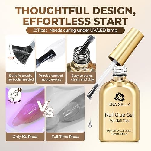 UNA GELLA 9 in 1 Gel Nail Glue for Clear Acrylic Nails Tips 2Pcs 10ml Long Lasting Super Strong Brush on Nail Gel Glue for False Press on Nails Tips Base Blooming Gel, U V Light Required thumbnail 6