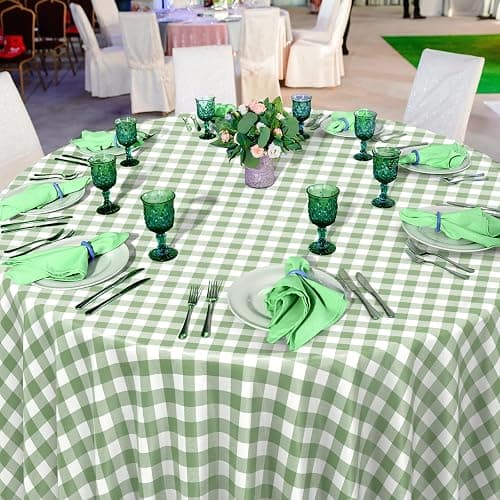 12 Pack Sage Green Plastic Checkered Tablecloth Round, Premium Decorative Disposable Sage Green Gingham Plaid Table Cloths for Parties, Round Party Table Cover for Baby Shower Picnic Birthday, 84 Inch thumbnail 6