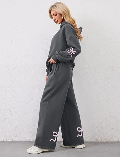 Livtany Women's 2 Piece Outfits Bow Trim Print Hoodie Sweatsuit Sets Oversized Sweatshirt Wide Leg Sweatpants With Pockets thumbnail 4