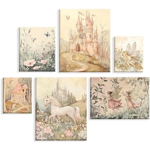 Vintage Fairy Nursery Wall Art Baby Girl Room Canvas Wall Decor Magic Forest Poster Fantasy Fairytale Prints Nursery Antique Magical Picture Flower Painting for Bedroom 8x10 Inch Ready to Hang 6Pcs - Image 1