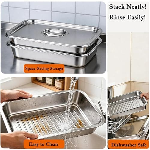 Zkeewup Grill Prep Tray & Serving Tray Set with Lids –5-Piece Grill Carry System for Marinating, Carrying & Serving, Stainless Steel BBQ Trays, BBQ Prep Grill Pan with 2 Lids and 1 Rack thumbnail 4