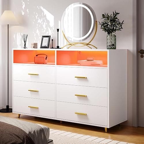EnHomee White Dresser with LED Lights, 6 Drawers & 2 Open Shelves Top Dresser for Bedroom, Wood Chests of Drawers thumbnail 7