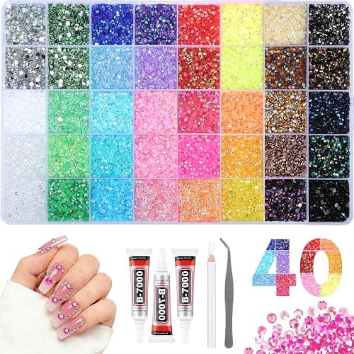 4mm Resin Rhinestones 40000Pcs, Bedazzling Kit with B7000 Glue, Tweezers & Pickup Pen, 40 Colors for Nail Art, DIY Crafts, Clothes, Shoes, Art Painting & Decorations (40 Colors 4mm + 3 Glue) - Image 1