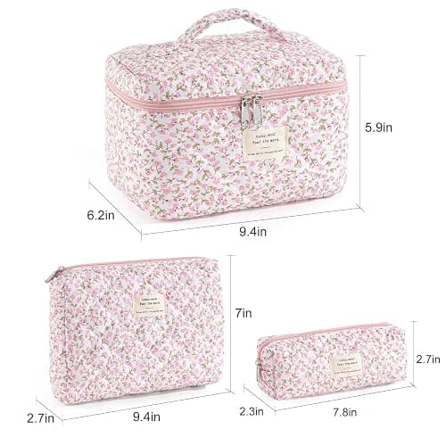 UUYUUY Makeup Bag for Women 3PCS Quilted Cotton Make Up Bag Travel Cosmetic Bag Large Makeup Bag Set Cute Makeups Organizer Floral Toiletry Pouch for Purse, Pink Floral D thumbnail 5