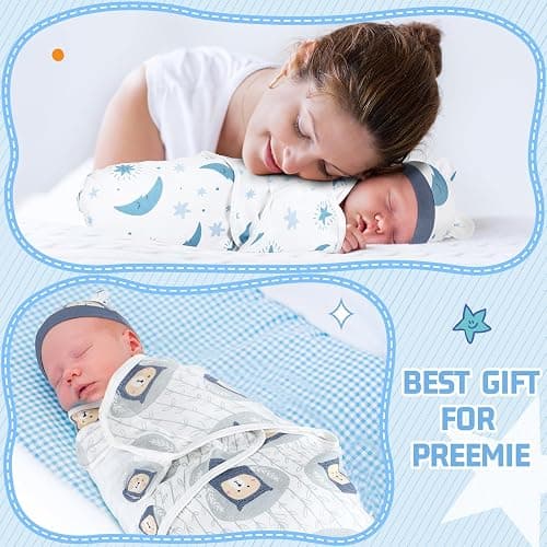 Buryeah 4 Pack Preemie Swaddle Blanket Wrap Set with Hat for Baby Boys Girls 3-7 Lbs Preemie Newborn Clothes Sleepers Cap thumbnail 6