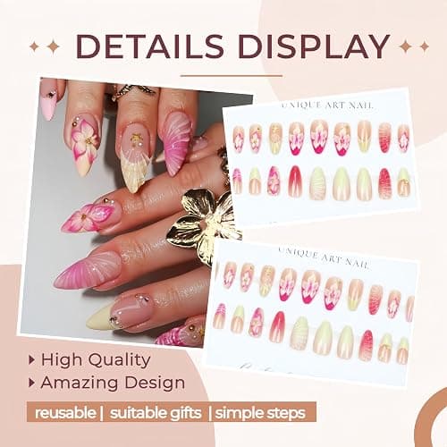 Quezadyl 24pcs Summer Press on Nails Medium Almond Plastic False Nails with 3D Flower, Metal Starfish Charms Designs Summer Beach Full Cover Acrylic Nails for Women thumbnail 2