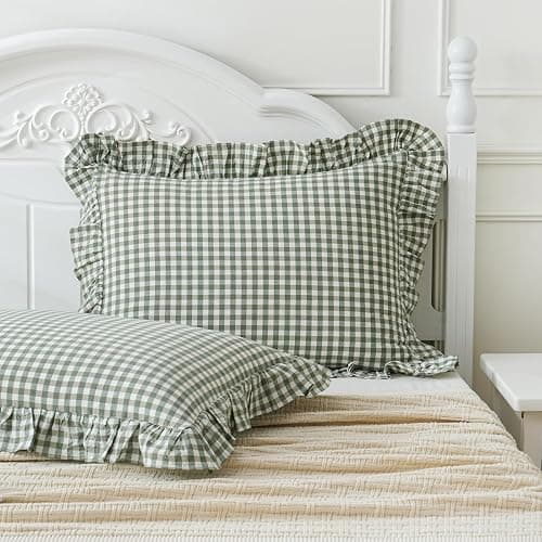 Qilunn 2 Pack Sage Green White Plaid Ruffle Pillow Shams Standard Size 20x26 inches, 100% Cotton Gingham Checkered Farmhouse Pillowcases for Bed/Sofa (20x26 inches, Sage Green/White Plaid) - Image 1