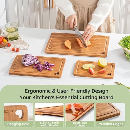 Vocvee Bamboo Cutting Boards for Kitchen(Set of 3), Wood Cutting Board with Wood Storage Stand, Charcuterie & Chopping Board for Vegetables and Meat, with Deep Juice Groove, Ideal Kitchen Gifts thumbnail 5