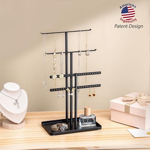 Jewelry Stand Organizer, 14.5" Tall Sturdy Metal, 3-Tier Jewelry Holder for Necklace, Earring, Bracelet, Ring, Hanger for Display and Storage, Aesthetic Room Decor, Black thumbnail 4
