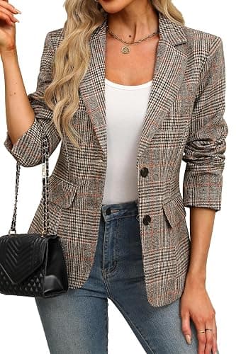 ELLEVEN Women's Lapel Collar Plaid 2 Button Boyfriend Blazer Suit Houndstooth Work Office Blazer Jacket - Image 1