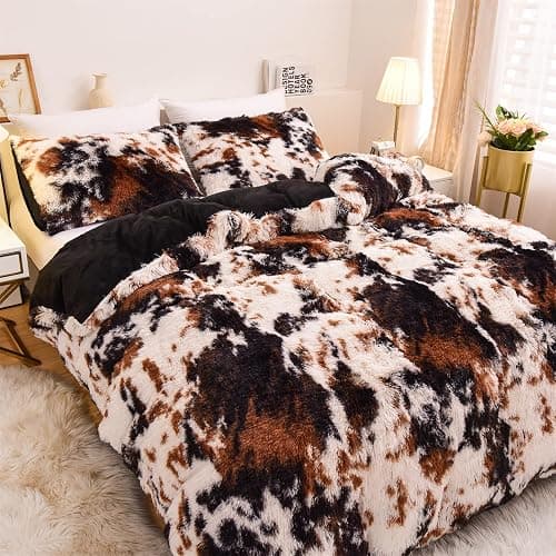 Aimuan Cow Print Duvet Cover Shaggy Fluffy Tie Dye Brown Black Velvet Bedding Cover Set Super Soft Faux Fur Fuzzy Comforter Cover with Pillowcases (Coffee-Black, Queen) thumbnail 3
