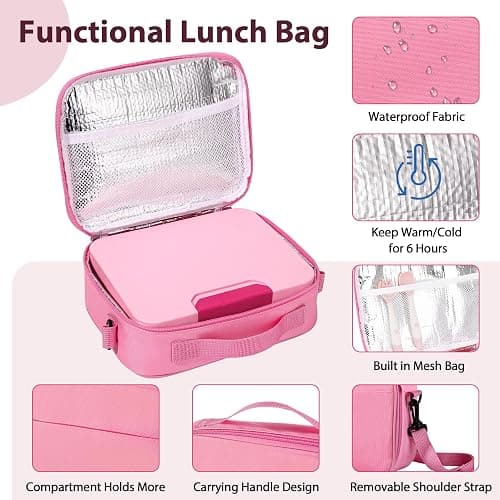 Kids Bento Lunch Box Set with 9.5oz Soup Thermo, Leak-Proof Lunch Food Containers with 3 Compartment and Removable Inner Tray, Insulated Hot Food Jar with Lunch Bag for School, Office, Pink thumbnail 5