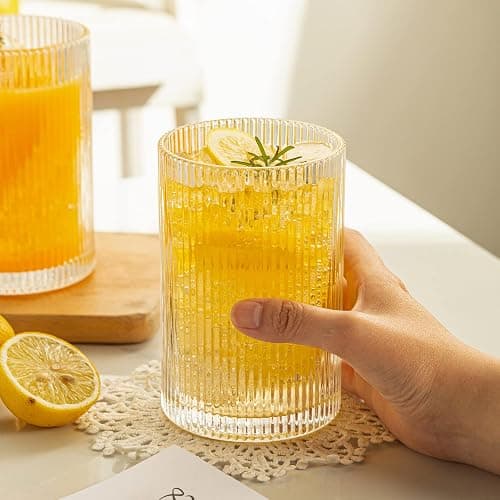POLIDREAM Vintage Ribbed Glassware Set: 6pcs 16.9oz Drinking Glasses, Fluted Ripple Drinkware, Origami Style, Elegant Glassware for Whiskey, Cocktail, Iced Coffee, Juice, Beer, Soda thumbnail 5