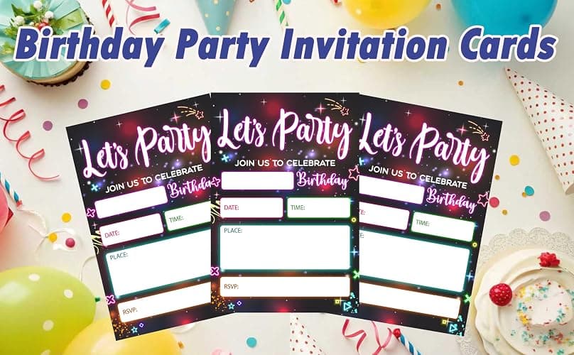 CLIRBE Let's Party Birthday Party Invitations, Glow Neon Invited Birthday Invitations For Teen Boys Girls, 20 Invites Cards With 20 Envelopes, Party Supplies Favors -H16 thumbnail 3