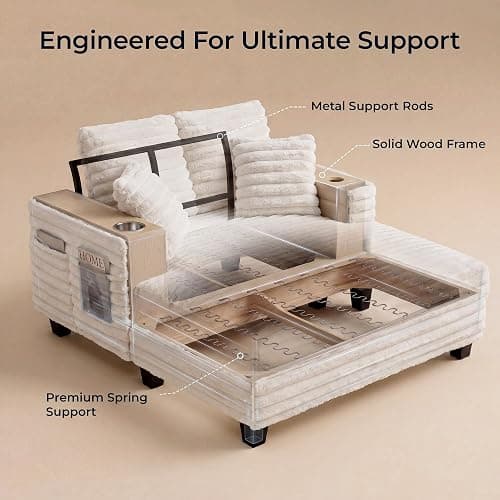 163cm Chaiselongue Sofa mit Massivholzrahmen, Big Loungesofa mit Liegefunktion für Wohnzimmer & Lese-Ecke, Einzelsessel aus Plüsch-Cord mit 2 Getränkehaltern & 4 Seitentaschen, 2 Sets Sofa-Füße, Beige thumbnail 4