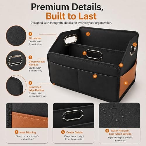 Noaman Leather Car Storage Organizer Back Front Seat Car Organizer Black | Upgraded car organizers and storage for passenger seat or floor 6 slots 3 metal handles.Backseat car organizer keeps car tidy thumbnail 4