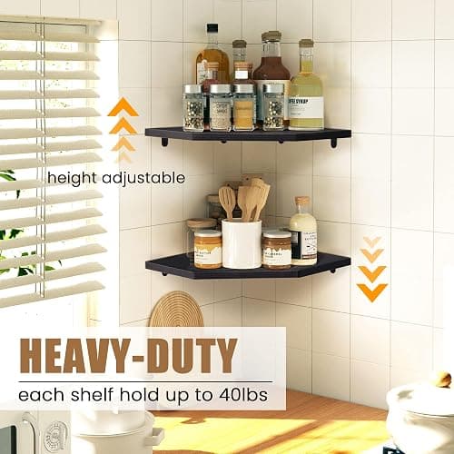 Fun Memories Corner Shelf Wall Mount, Floating Corner Shelves, Set of 2 Corner Wall Shelf Organizer, Rustic Wood Wall Storage Display Shelves for Living Room Bedroom Bathroom Kitchen, Classic Black thumbnail 3