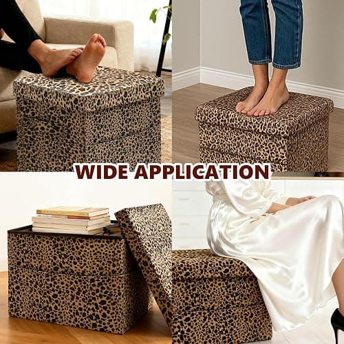 ALASDO Storage Ottoman Footrest Stool Small Ottoman with Storage Foldable Ottomans Foot Rest Footstool Bench for Living Room 17x13x13inches Leopard Print thumbnail 5