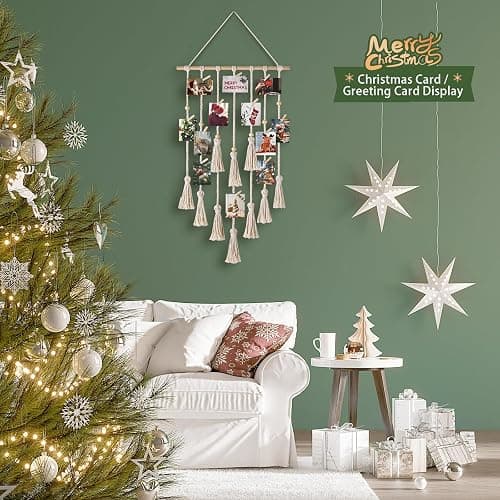 Mkono Hanging Photo Display Boho Macrame Wall Decor with Light, Teen Girl Teenage Gifts, Pictures Cards Frame Holder Art Hanger for Christmas Birthday Party Bedroom Dorm, with 30 Wood Clips, Ivory thumbnail 7
