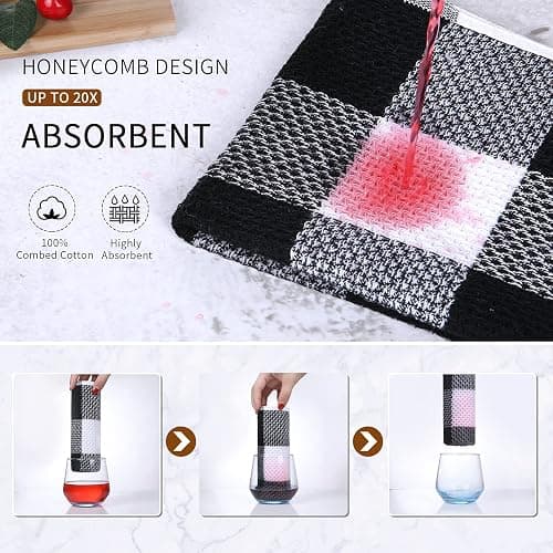 Mordimy 100% Cotton Waffle Weave Kitchen Towels, 13 x 28 Inches, Super Soft and Absorbent Buffalo Check Dish Towels for Drying Dishes, 4-Pack, Black & White thumbnail 5