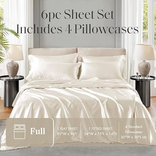 Madison Park Essentials Satin Sheet Set Luxury and Silky with Natural Sheen, Elastic 14" Pocket fits up to 16" Mattress, All Around Elastic - Year-Round Bedding, Full, Ivory, 6 Piece thumbnail 6