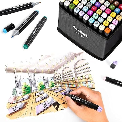 AnyMark Alcohol Markers, 80 Colors Dual Tip Art Coloring Markers Set for Adult Book Drawing Sketching Painting, Chisel & Fine, Black Penholder thumbnail 6