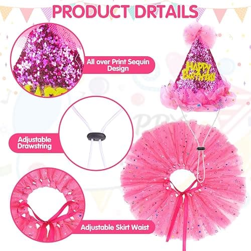 SCENEREAL Dog Birthday Bandana with Hat and Dress Girl Set, Large Dog Birthday Party Supplies, Cute Tutu Skirt Outfit for Medium Big Dogs, Rose Red XL thumbnail 7
